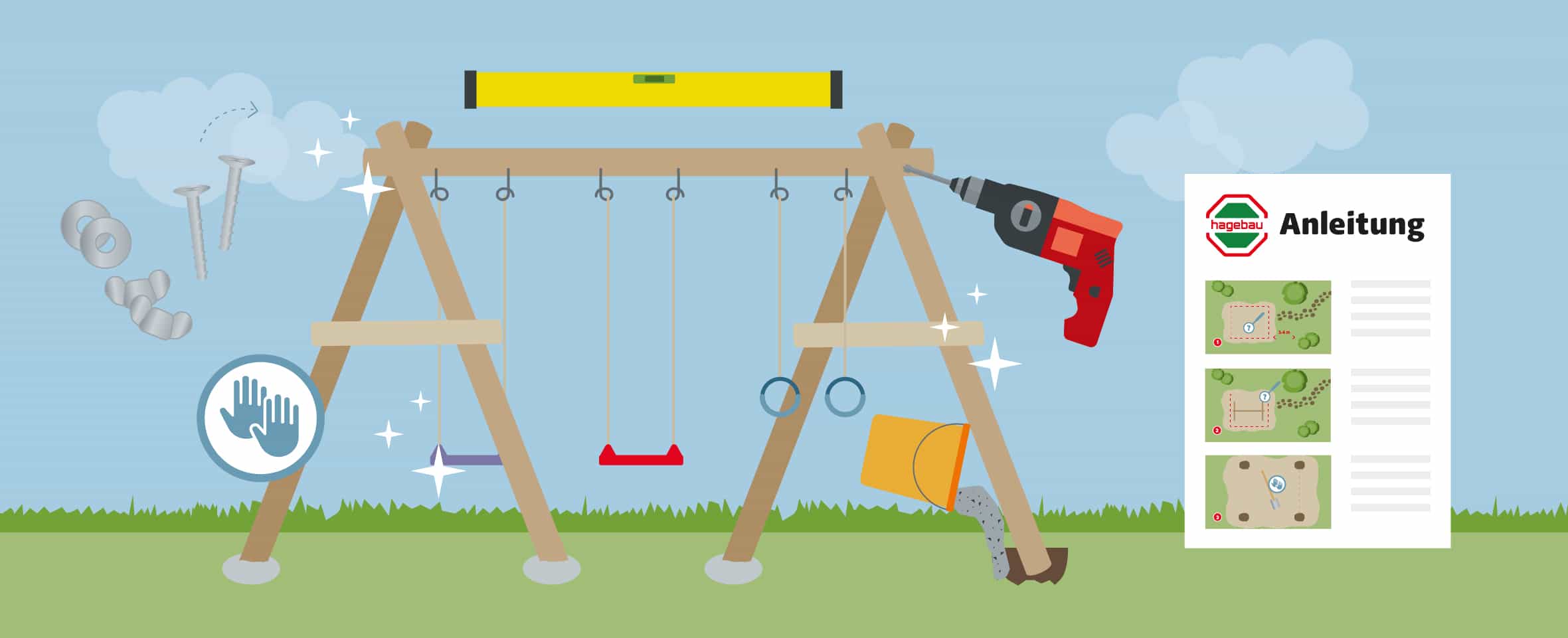 Illustration einer Hagebau-Anleitung zum Aufbau einer Kinderschaukel. In der Mitte ist eine fertige Doppelschaukel aus Holz zu sehen, mit zwei Sitzflächen und einem Paar Turnringe. Oben liegt eine Wasserwaage zur Ausrichtung. Rechts wird mit einer Bohrmaschine eine Schraube montiert, unten wird ein Pfosten mit Beton im Boden verankert. Links im Bild befinden sich Schrauben, Muttern und Befestigungsteile. Ein Symbol mit zwei Händen weist auf vorsichtige Montage hin. Ein Anleitungsblatt mit drei bebilderten Schritten ist ebenfalls zu sehen.