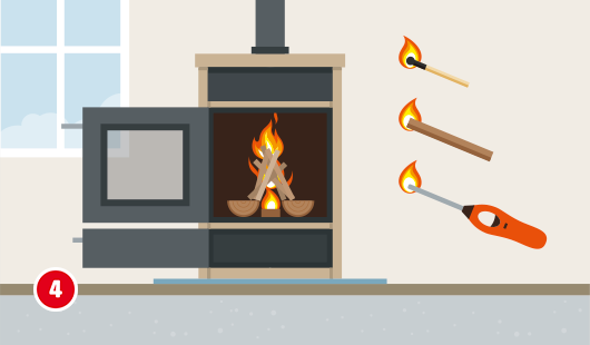 Illustration eines geöffneten Kaminofens, in dem aufgeschichtetes Holz brennt, rechts sind ein brennendes Streichholz, ein brennender Kaminanzünder und ein brennendes Gasfeuerzeug abgebildet