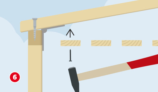Eine schematische Darstellung zeigt das Montieren von Dachlatten auf dem schrägen Auflegerbalken eines Vordachs. Die Latten werden im gleichmäßigen Abstand aufgenagelt. Ein Hammer ist im Einsatz, eine Metalllasche fixiert zusätzlich den Balken am Pfosten. Unten links ist ein roter Kreis mit einer weißen 6