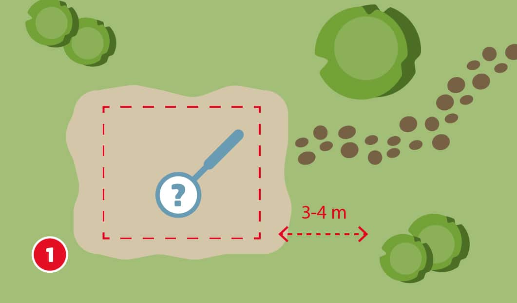 Illustration mit dem Titel „Schritt 1“ einer Hagebau-Anleitung zum Aufbau einer Schaukel. Eine rote gestrichelte Linie umrahmt eine freie Fläche im Garten, die mit hellem Bodenbelag oder Fallschutzmaterial gekennzeichnet ist. In der Mitte befindet sich ein Lupensymbol mit Fragezeichen – als Zeichen für die Platzwahl. Rechts steht die Angabe: „3–4 m“ Abstand zur Umgebung. Der Schritt zeigt: Der Aufstellort für die Schaukel muss ausreichend groß und frei von Hindernissen sein – mindestens 3 bis 4 Meter Abstand zu Bäumen, Sträuchern oder Wegen.