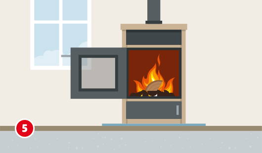 Illustration eines geöffneten Kaminofens, in dem ein Feuer brennt, in der Mitte der Flamme liegt ein großer Holzscheit