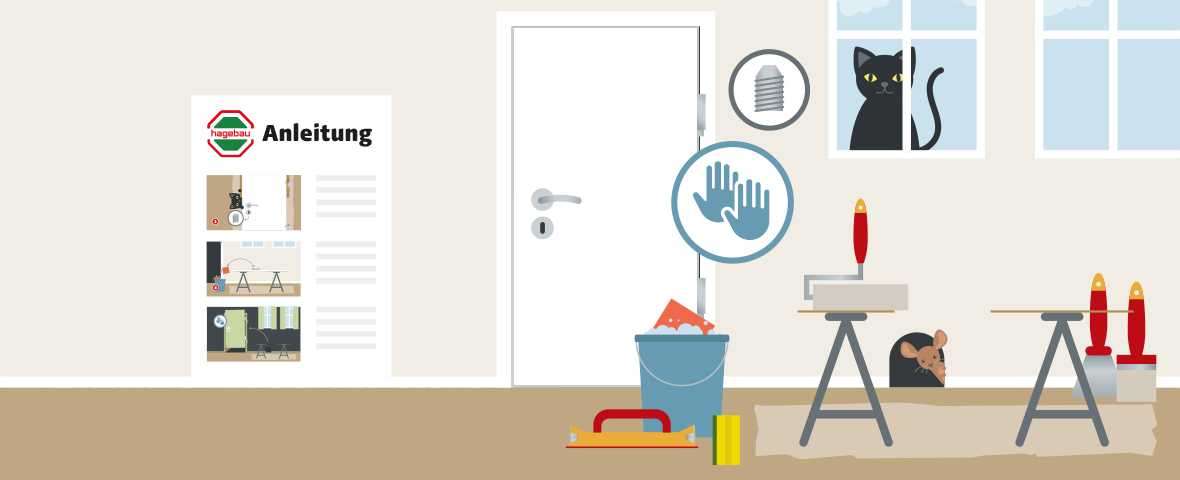 Illustration einer weißen Zimmertür in einem Raum, im Vordergrund stehen ein Putzeimer, zwei Werkbänke, Farbrollen, Pinsel und Spachtel, neben der Tür ist eine bebilderte Schritt-für-Schritt-Anleitung mit hagebau-Logo zu sehen