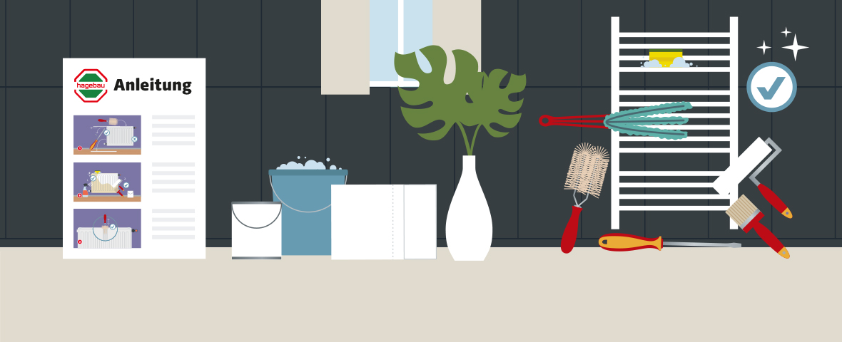 Illustration eines Handtuchheizkörpers mit einem Schwamm, einem Staubwedel, einer Heizkörperbürste, einem Schraubenzieher, einer Malerrolle und einem Pinsel, links daneben stehen Eimer mit Wasser, und es ist eine Schritt-für-Schritt-Anleitung mit einem hagebau-Logo zu sehen