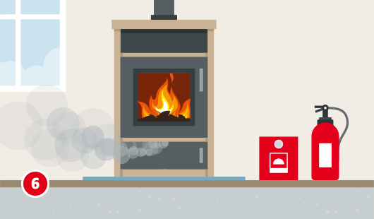 Illustration eines Kaminofens mit geschlossener Tür, in dem ein Feuer brennt, unten aus dem Ofen tritt Rauch aus, rechts Neben dem Kamin sind eine Löschdecke und ein Feuerlöscher abgebildet