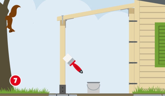 Eine schematische Darstellung zeigt das Auftragen von Holzschutz auf die Holzkonstruktion eines Vordachs. Ein Pinsel wird in einen Farbeimer getaucht und auf die Pfosten aufgetragen. Im Hintergrund ist das montierte Grundgerüst mit Balken und Wandanschluss zu sehen. Unten links ist ein roter Kreis mit einer weißen 7