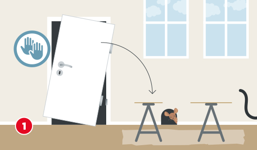 Illustration einer weißen Zimmertür, die aus dem Türrahmen genommen und in einem RAum auf zwei Böcken platziert wird