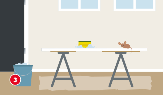 Illustration einer Zimmertür, die auf zwei Böcken liegt und mit einem Schwamm gereinigt wird