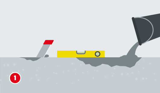 Illustration eines Bodens, der mit grauer Ausgleichsmasse ausgebessert wird, um Laminat zu verlegen. In der Ausgleichsmasse im Boden steckt eine Richtlatte, daneben liegt eine Wasserwaage