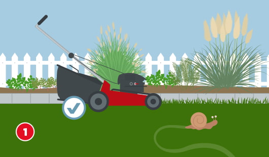 Eine schematische Darstellung zeigt einen Rasenmäher, der entlang einer sauberen Rasenkante nahe eines Blumenbeets steht. Im Hintergrund wachsen Gräser und Stauden vor einem weißen Gartenzaun. Im Vordergrund kriecht eine Schnecke über die frisch geschnittene Rasenkante. Ein Häkchen-Symbol bestätigt die richtige Ausführung. Unten links ist ein roter Kreis mit einer weißen 1