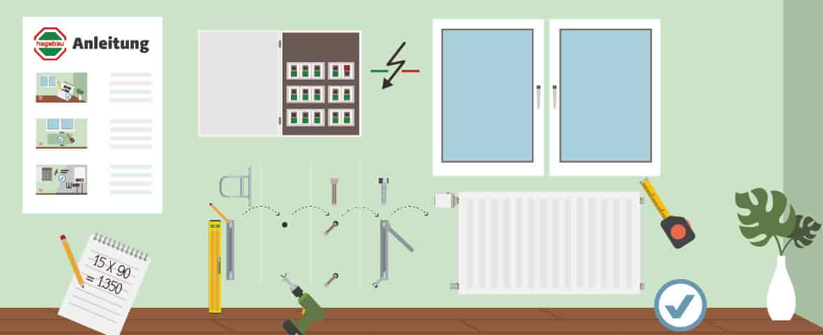 Eine schematische Darstellung zeigt die Vorbereitung zur Montage eines Heizkörpers unter einem Doppelfenster. Auf einer Wand sind Montagezubehör, eine Wasserwaage, ein Akkuschrauber, eine Messnotiz und eine offene Sicherungstafel dargestellt. Ein Häkchensymbol und ein Maßband kennzeichnen die vollständige Vorbereitung. Links hängt eine Anleitung mit bebilderten Schritten an der Wand, rechts steht eine Vase mit Zimmerpflanze auf dem Boden.