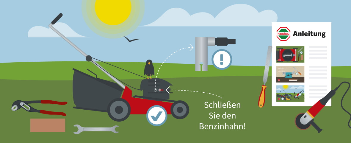 Eine schematische Darstellung zeigt die Vorbereitung zur Wartung eines Rasenmähers. Im Zentrum steht ein roter Rasenmäher, an dem mit einem Pfeil auf den Benzinhahn hingewiesen wird, der geschlossen werden muss. Darüber ist ein Symbol mit Ausrufezeichen abgebildet. Im Vordergrund liegen verschiedene Werkzeuge wie Kneifzange, Schraubenschlüssel, Schleifwerkzeug und eine Feile bereit. Rechts ist eine Anleitung mit drei Schritten dargestellt