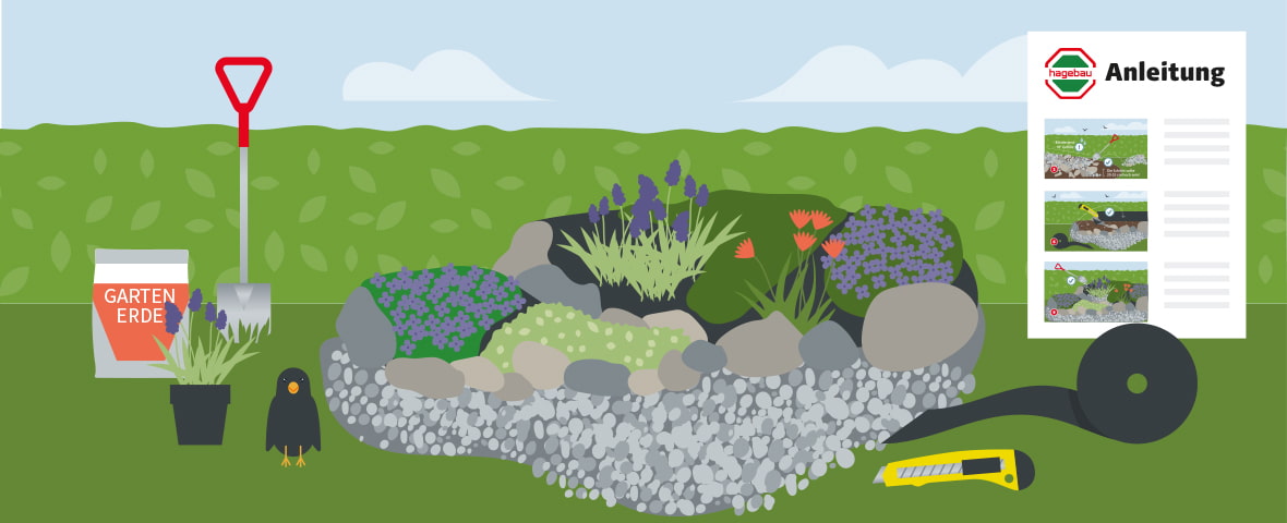 Illustration zum Anlegen eines Steingartens: In der Mitte ein fertig gestalteter Steingarten mit bepflanzter Fläche, Kies, größeren Steinen und verschiedenen Stauden. Drumherum Werkzeuge und Materialien wie Spaten, Gartenerde, Pflanztopf, Unkrautvlies, Cuttermesser und eine Anleitung von hagebau mit Bildanweisungen. Eine Amsel sitzt am Boden