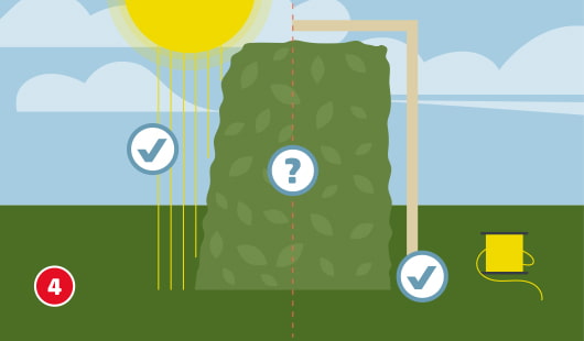 Eine schematische Darstellung zeigt eine Hecke im Querschnitt, bei der die ideale Form zur besseren Lichtversorgung veranschaulicht wird. Die Hecke ist trapezförmig geschnitten, oben schmaler als unten. Sonnenstrahlen und Häkchensymbole markieren die Vorteile des Lichteinfalls bei dieser Schnittform. Unten links ist ein roter Kreis mit einer weißen 4