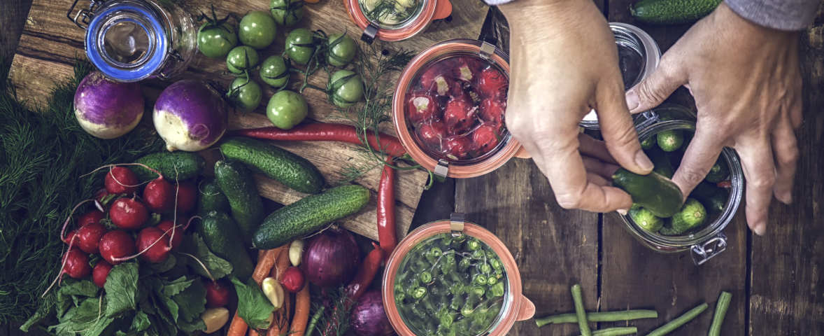 Verschiedenes frisches Gemüse auf einem Holztisch, darunter Radieschen, Gurken, Karotten, Zwiebeln, grüne Tomaten und Kräuter; mehrere Einmachgläser mit eingelegtem Gemüse; zwei Hände legen kleine Gurken in ein Glas