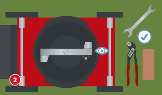 Eine schematische Draufsicht zeigt den geöffneten Rasenmäher mit freigelegtem Messer. Ein Auge-Symbol markiert die Stelle, an der das Messer inspiziert werden soll. Rechts liegen Werkzeuge bereit: Schraubenschlüssel, Wasserpumpenzange und Schleifklotz. Ein Häkchen-Symbol bestätigt die korrekte Vorgehensweise. Unten links ist ein roter Kreis mit einer weißen 2