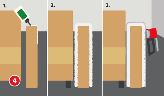 Eine schematische Darstellung zeigt in drei Schritten das Erneuern der Polsterwatte am Seitenteil eines Sofas. In Schritt 1 wird Polsterkleber auf die Fläche aufgetragen. In Schritt 2 wird die Watte passgenau aufgelegt. Schritt 3 zeigt das saubere Umschlagen und Antackern der Watte an der Rückseite. Unten links ist ein roter Kreis mit einer weißen 4