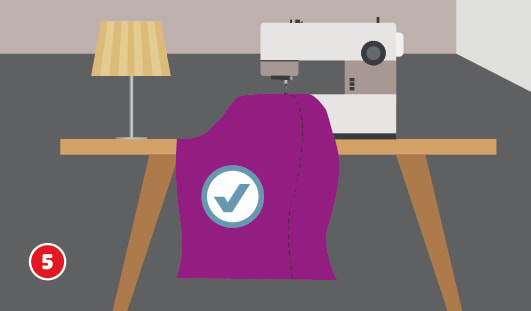Eine schematische Darstellung zeigt eine Nähmaschine auf einem Tisch, an der ein violetter Stoffzuschnitt mit gerundeter Form zusammengenäht wird. Der Stoff liegt locker über dem Tisch, eine gestrichelte Nahtlinie kennzeichnet die Verbindung. Ein Häkchensymbol markiert das Ergebnis als korrekt. Unten links ist ein roter Kreis mit einer weißen 5