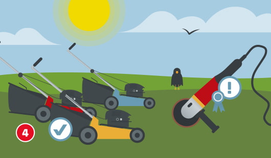 Eine schematische Darstellung zeigt mehrere Rasenmäher auf einer Wiese unter strahlender Sonne. Im Vordergrund liegt ein Winkelschleifer mit einem Ausrufezeichen-Symbol und einer Schleifband-Auszeichnung – als Hinweis auf den fachgerechten und sicheren Einsatz. Ein Häkchen-Symbol verweist auf den empfohlenen Einsatz durch geübte Handwerker. Ein schwarzer Vogel steht im Hintergrund. Unten links ist ein roter Kreis mit einer weißen 4