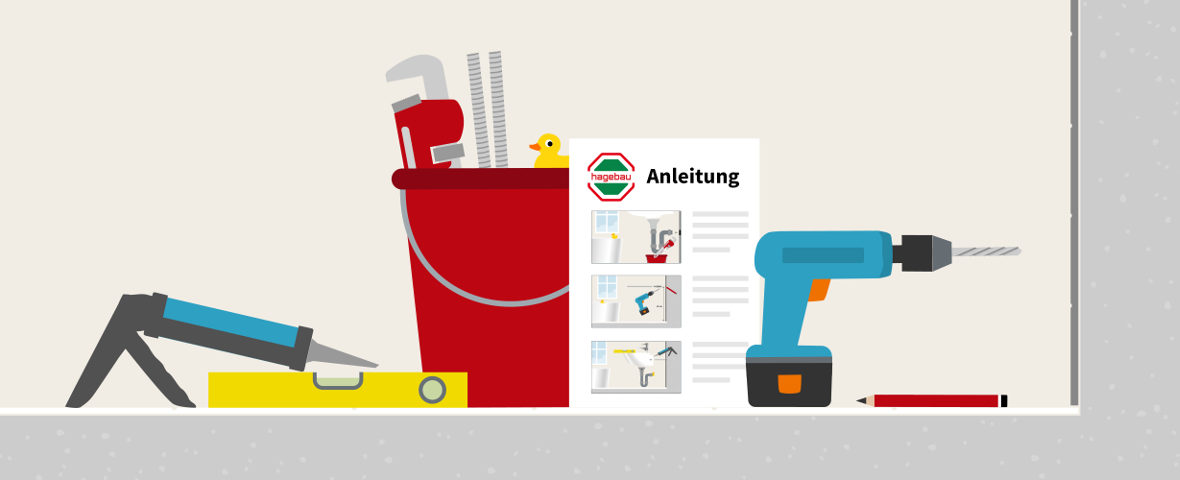 Eine schematische Darstellung zeigt die vorbereitenden Werkzeuge und Materialien für den Einbau eines Waschbeckens. Zu sehen sind eine Kartuschenpistole, eine Wasserwaage, ein Bohrschrauber, ein Eimer mit Rohrzange und Siphonteilen sowie eine Bauanleitung mit drei Montageschritten. Ein roter Bleistift liegt daneben