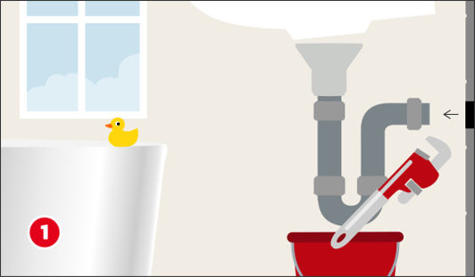 Eine schematische Darstellung zeigt das Entfernen eines alten Waschbeckens. Unter dem Becken befindet sich ein Eimer zum Auffangen von Restwasser, daneben eine Rohrzange zum Lösen der Verschraubungen am Siphon. Unten links ist ein roter Kreis mit einer weißen 1
