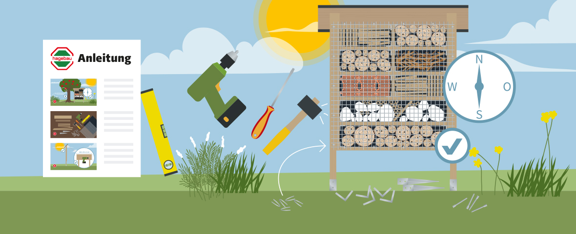 Eine schematische Darstellung zeigt den Aufbau eines Insektenhotels mit Fokus auf Werkzeuge und Standortwahl. Das mit verschiedenen Naturmaterialien befüllte Insektenhotel steht auf einer Wiese in sonniger Lage. Davor sind eine Wasserwaage, ein Akkuschrauber, Schraubenzieher und Gummihammer abgebildet. Ein Kompasssymbol weist auf die empfohlene Südausrichtung hin. Unten rechts signalisiert ein Häkchensymbol die erfolgreiche Platzwahl. Links ist eine Anleitung eingeblendet