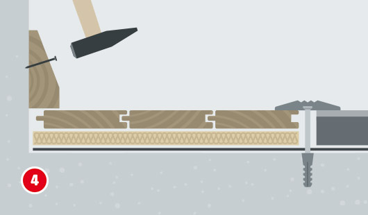 Illustration zur Befestigung einer Sockelleiste an der Wand mit Hammer und Nagel, an der Seite ist eine Dehnungsfuge mit einem Übergangsprofil zu sehen