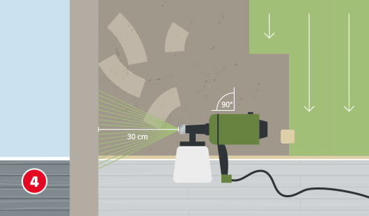 Illustration einer Sprühpistole, die in einem Abstand von 03 cm und in enem 90°-Winkel zur Wand geführt wird. Der Sprühstrahl deckt gleichmäßig die Fläche ab, ein Teil der Wand ist bereits grün gestrichen, obe nrechts zeigen Pfeile die Sprührichtung