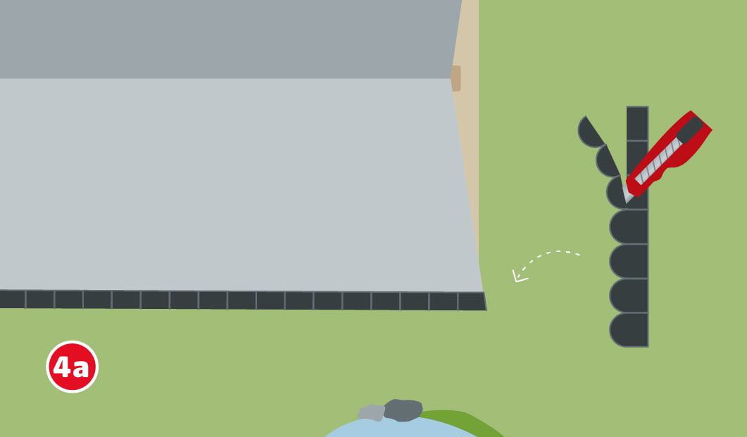 Eine schematische Darstellung zeigt das Verlegen der ersten Dachschindelreihe auf einem mit Dachpappe gedeckten Gartenhausdach. Rechts wird eine Schindel mit einem Cuttermesser zugeschnitten. Die Schindeln werden entlang der unteren Dachkante platziert. Unten links ist ein roter Kreis mit einer weißen 4a