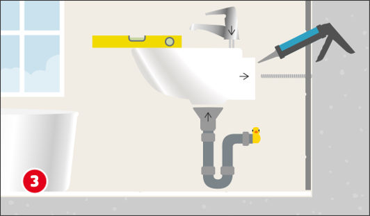 Eine schematische Darstellung zeigt die Montage eines Waschbeckens mit Armatur an der Wand. Das Waschbecken wird auf zwei Gewindestangen geschoben und mit einer Wasserwaage ausgerichtet. Die Armatur ist bereits montiert, ein Siphon ist angeschlossen und eine Kartuschenpistole trägt Silikon zur Abdichtung auf. Unten links ist ein roter Kreis mit einer weißen 3