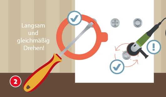 Illustration wie ein Gummi von einem Einmachglas über das Profil einer Schraube gelegt und diese mit einem Schraubenzieher gedreht wird, daneben stehen die Worte "Langsam und gleichmäßig drehen", an einer weiteren Schraube wird eine neuer Schlitzantrieb in den Schraubkopf geflext