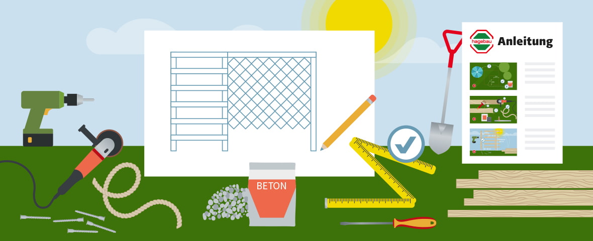 Eine schematische Darstellung zeigt die benötigten Werkzeuge und Materialien für den Bau eines Klettergerüsts. Auf einer Rasenfläche liegen ein Akkubohrer, ein Winkelschleifer, Schrauben, Seil, Kies, ein Beton-Sack mit der Aufschrift „BETON“, ein Maßband, Holzbalken, ein Bleistift und ein Schraubendreher. In der Mitte befindet sich ein Bauplan des Klettergerüsts. Rechts liegt ein Anleitungsblatt von hagebau mit Bildern und Text