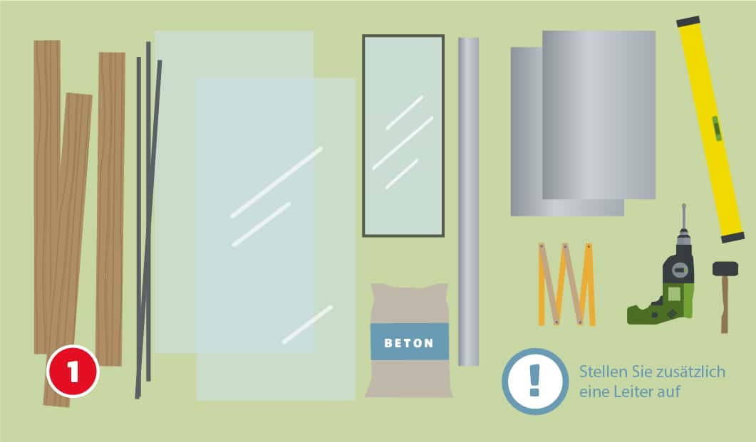 Eine schematische Darstellung zeigt die benötigten Materialien und Werkzeuge zum Bau eines Gewächshauses. Abgebildet sind Holzlatten, Metallstangen, Glasscheiben, Beton, Aluprofile, eine Wasserwaage, ein Zollstock, ein Akkuschrauber und ein Gummihammer. Unten rechts weist ein Ausrufezeichen darauf hin, zusätzlich eine Leiter bereitzustellen. Unten links ist ein roter Kreis mit einer weißen 1