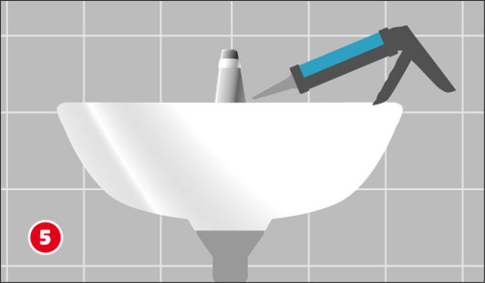 Eine schematische Darstellung zeigt das fertige, montierte Waschbecken, das entlang der Wandfuge mit Silikon abgedichtet wird. Eine Kartuschenpistole wird am Übergang zwischen Waschbecken und Wand angesetzt, um eine saubere Silikonfuge zu ziehen. Die Fliesenwand im Hintergrund bildet den abschließenden Montagekontext. Unten links ist ein roter Kreis mit einer weißen 5