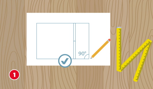 Eine schematische Darstellung zeigt das Vermessen der Decke vor dem Verkleiden. Auf einem Blatt Papier ist ein maßstabsgetreuer Plan mit rechten Winkeln eingezeichnet. Ein Bleistift und ein Zollstock liegen daneben. Ein Häkchen markiert die korrekte Planung. Unten links ist ein roter Kreis mit einer weißen 1