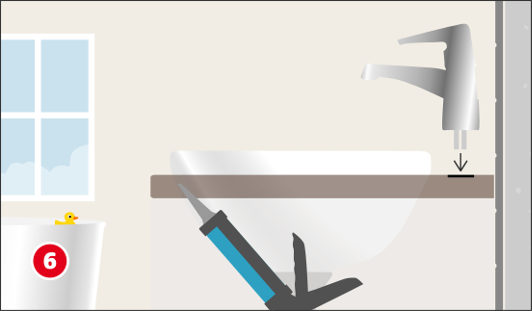 Eine schematische Darstellung zeigt die Montage eines Waschbeckens auf einem Waschtisch. Eine Kartuschenpistole trägt Silikon zwischen Waschbecken und Waschtischplatte auf, um die Verbindung abzudichten. Ein Pfeil zeigt die Platzierung des Beckens auf die Silikonschicht. Im Hintergrund ist eine montierte Armatur, ein Fenster und eine Badewanne mit Quietscheente zu sehen. Unten links ist ein roter Kreis mit einer weißen 6
