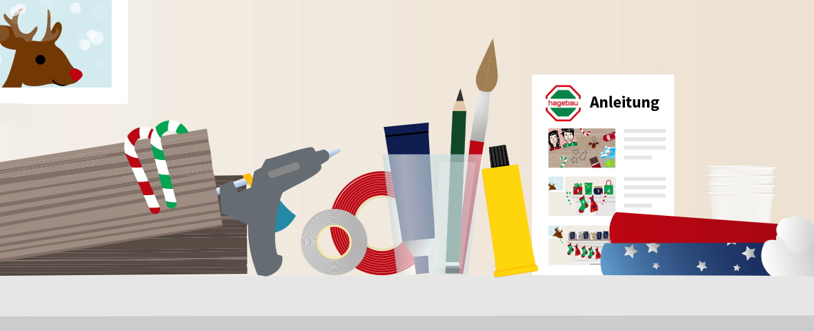 Eine schematische Darstellung zeigt die benötigten Materialien und Werkzeuge zum Basteln eines Adventskalenders. Auf einem Tisch liegen Geschenkpapier, Heißklebepistole, Klebebänder, Pinsel, Stifte, Kleber, Becher und Stoff mit Sternenmuster. Eine Bastelanleitung mit Bildern lehnt im Hintergrund, im Fenster ist ein Rentier mit roter Nase zu sehen
