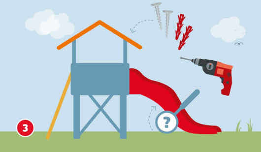 Eine schematische Darstellung zeigt das Zusammenfügen der Einzelteile einer selbstgebauten Kinderrutsche. Der Spielturm steht vollständig montiert mit angesetzter roter Rutsche. Über der Rutsche schweben ein Akkuschrauber, Schrauben und rote Dübel. Ein Lupensymbol mit Fragezeichen weist auf einen sensiblen Arbeitsschritt hin. Unten links ist ein roter Kreis mit einer weißen 3