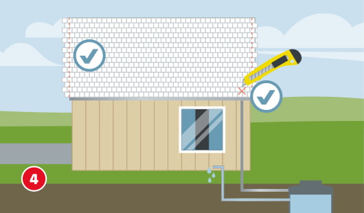 Eine schematische Darstellung zeigt ein Gartenhaus mit verlegten weißen Drainageplatten auf dem Dach als nächste Schicht der Dachbegrünung. Die Platten sind lückenlos verlegt und an den Rändern passend zugeschnitten, markiert durch ein Häkchen-Symbol links. Rechts oben ist ein Cuttermesser mit Häkchen-Symbol für den richtigen Zuschnitt dargestellt. Ein kleines rotes X markiert die vorgesehene Öffnung für den Dachablauf. Unten links ist ein roter Kreis mit einer weißen 4