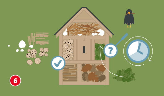 Eine schematische Darstellung zeigt das Befüllen eines Insektenhotels mit verschiedenen Naturmaterialien. In die Kammern werden Holzscheiben mit Bohrlöchern, Tannenzapfen, Stroh, Lehm und Pflanzenreste einsortiert. Ein Häkchensymbol markiert geeignete Materialien, während eine Lupe mit Fragezeichen auf mögliche Alternativen hinweist. Eine Uhr symbolisiert Geduld bis zur Besiedlung. Ein Vogel beobachtet das Geschehen. Unten links ist ein roter Kreis mit einer weißen 6