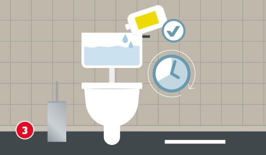 Eine schematische Darstellung zeigt das Entkalken eines Spülkastens mit Zitronen- oder Essigsäure. Die Entkalkungslösung wird in den mit Wasser gefüllten Spülkasten gegossen. Eine Uhr symbolisiert die notwendige Einwirkzeit. Ein Häkchensymbol kennzeichnet die empfohlene Methode. Unten links ist ein roter Kreis mit einer weißen 3