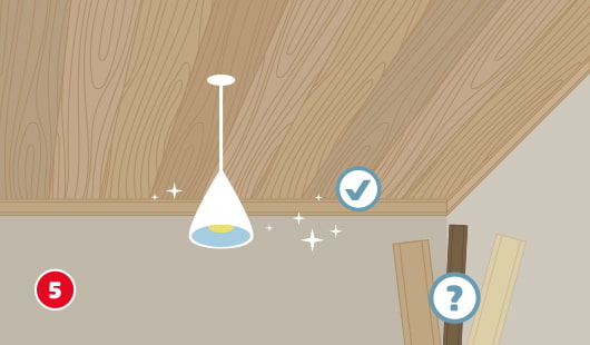 Eine schematische Darstellung zeigt den letzten Schritt beim Verkleiden einer Decke: Die Ränder der Holzpaneele werden mit Zierleisten abgedeckt. Eine Deckenlampe ist montiert, Glanzeffekte und ein Häkchen markieren den gelungenen Abschluss. Ein Fragezeichen weist auf die Auswahl passender Leisten hin. Unten links ist ein roter Kreis mit einer weißen 5