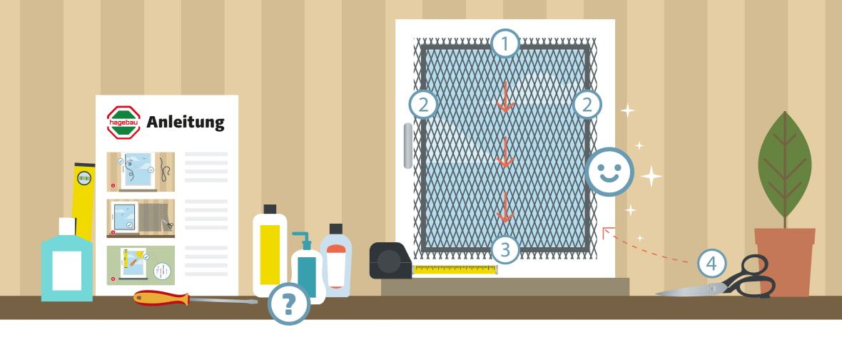 Eine schematische Darstellung zeigt die Anbringung eines Fliegengitters an einem Fenster in einem Badezimmer. Das Gitter wird von oben nach unten in den Rahmen eingefügt, drei Pfeile kennzeichnen die Einpassrichtung. Seitlich wird der Rahmen mit vier Haltepunkten befestigt. Ein Maßband, eine Schere und ein Schraubendreher liegen auf der Ablage. Rechts markiert ein Smiley die saubere Ausführung. Links ist eine bebilderte Anleitung mit drei Schritten sichtbar