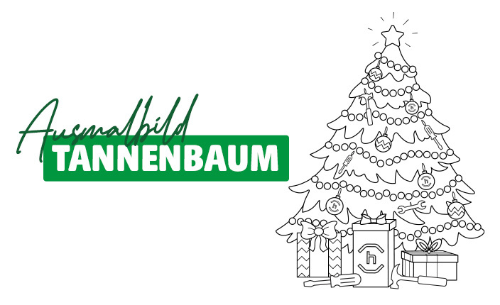Ein weihnachtlich geschmückter Tannenbaum mit Stern, Kugeln, Girlanden und Geschenken darunter ist als Ausmalbild in schwarzer Umrisslinie dargestellt. Links steht auf weißem Hintergrund das Wort „Ausmalbild“ in grüner Handschrift und daneben „TANNENBAUM“ in weißer Blockschrift auf grünem Balken