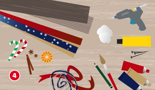 Eine schematische Darstellung zeigt verschiedene Bastelmaterialien und Werkzeuge für einen selbst gebastelten Adventskalender. Auf einem Holztisch liegen Geschenkpapier, Schleifenband, Zuckerstangen, Zimtstangen, Orangenscheiben, Sterne, Watte, Nägel, Farben, Stifte, Pinsel, Kleber und eine Heißklebepistole. Unten links ist ein roter Kreis mit einer weißen 4