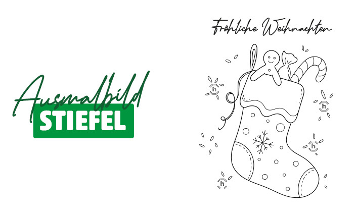 Ein weihnachtlicher Stiefel als Ausmalbild in schwarzer Umrisslinie ist mit Punkten, einer Schneeflocke und einer gewellten Bordüre verziert. Aus dem Stiefel ragen ein Lebkuchenmann, ein Bonbonstab und ein Geschenk. Um den Stiefel herum sind kleine Symbole mit dem Buchstaben „h“ verteilt. Oben steht der Schriftzug „Fröhliche Weihnachten“ in geschwungener Schrift. Links auf weißem Hintergrund steht „Ausmalbild“ in grüner Handschrift, daneben „STIEFEL“ in weißer Blockschrift auf grünem Balken