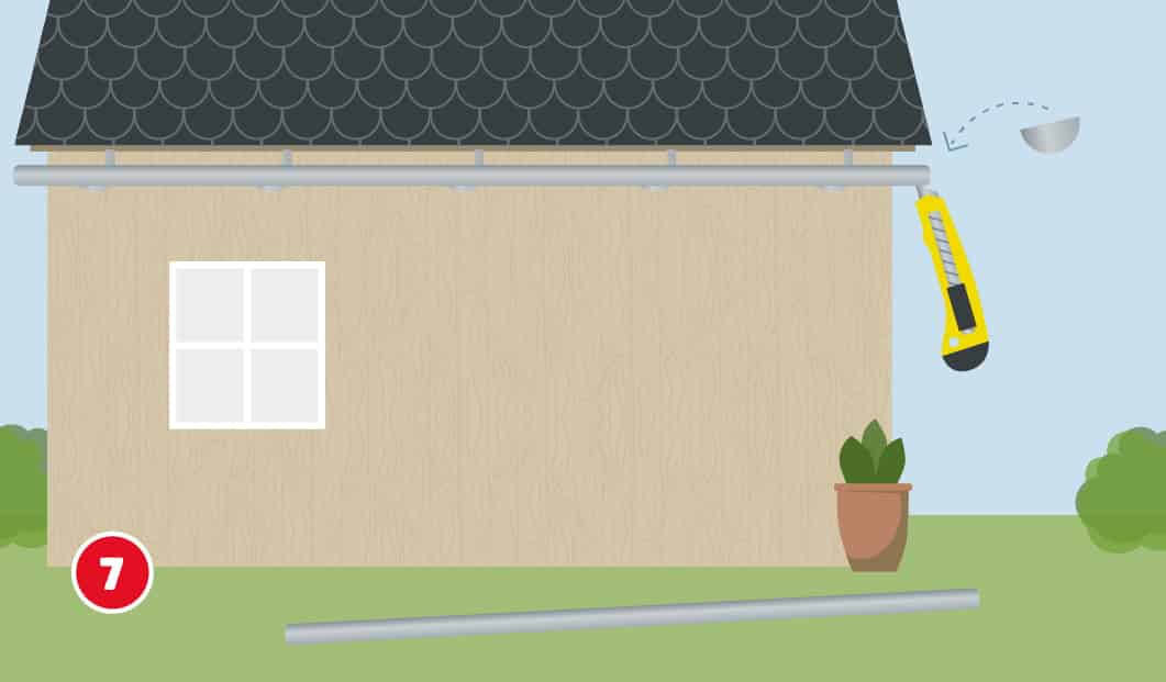 Eine schematische Darstellung zeigt das Einschneiden eines Ablauflochs in eine montierte Regenrinne am Gartenhaus. Ein Cuttermesser wird an der rechten Seite angesetzt und ein Ablaufstück soll dort eingesetzt werden. Unten links ist ein roter Kreis mit einer weißen 7