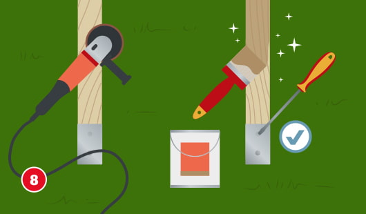 Eine schematische Darstellung zeigt Pflegemaßnahmen für ein Klettergerüst. Links wird ein Holzpfosten mit einer Metallschuhbasis mithilfe eines Elektroschleifers bearbeitet. Rechts wird ein anderer Pfosten mit einem Pinsel gestrichen, daneben liegen ein Schraubendreher und ein Haken-Symbol. Unter dem Pfosten steht eine Farbdose. Unten links ist ein roter Kreis mit einer weißen 8