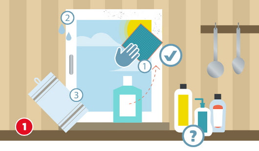 Eine schematische Darstellung zeigt die Reinigung eines Fensterrahmens vor dem Anbringen eines Fliegengitters mit Klettband. Mit einem Schwamm, Reinigungsmittel und Wasser wird der Rahmen gründlich gesäubert. Ein Handtuch liegt bereit zum Abtrocknen. Ein Häkchensymbol markiert die saubere Stelle als montagebereit. Unten links ist ein roter Kreis mit einer weißen 1