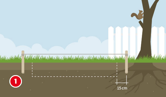 Illustration zum ersten Schritt für das Fundament eines Gartenhauses. Mit zwei Holzpflöcken und gespannter Schnur wird der rechteckige Grundriss des Fundaments auf einer Rasenfläche markiert. Eine gestrichelte Linie zeigt eine Aushubtiefe von 15 cm. Rechts im Bild wächst ein Baum, ein Eichhörnchen klettert am Stamm.