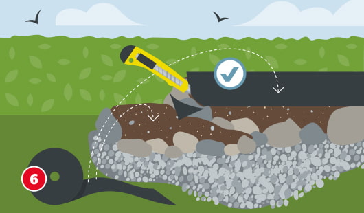 Illustration Schritt 6: Auf die Erde wird Unkrautvlies ausgelegt und passgenau mit einem Cuttermesser zugeschnitten; darunter sichtbar: Erd- und Steinschicht im Querschnitt.